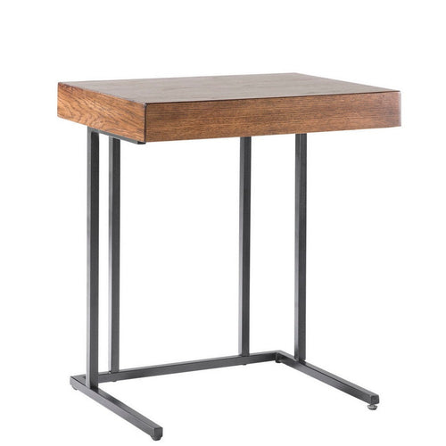 Pull Up Table, 22" Pecan Brown Top, 1 Drawer, Black Metal Base