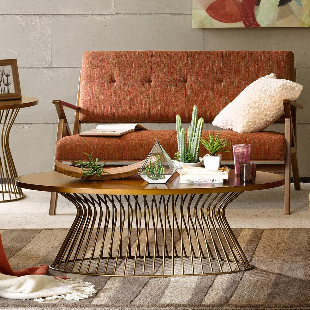 Coffee Table, 48" Oval Wood Top, Metal Wire Frame, Golden Bronze