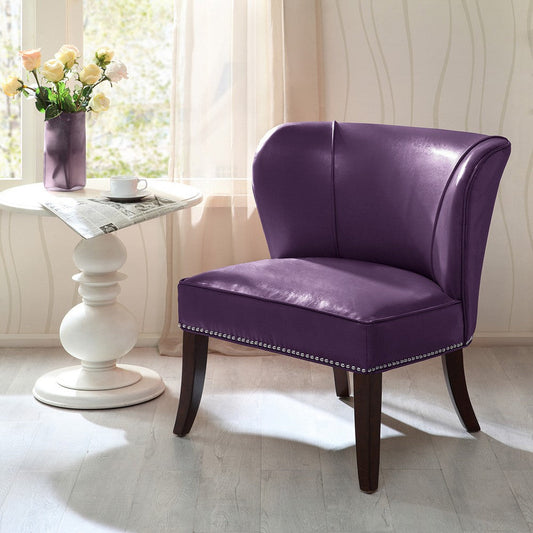 Armless Accent Chair w Wing Back, Silver Nails, Purple Faux Leather