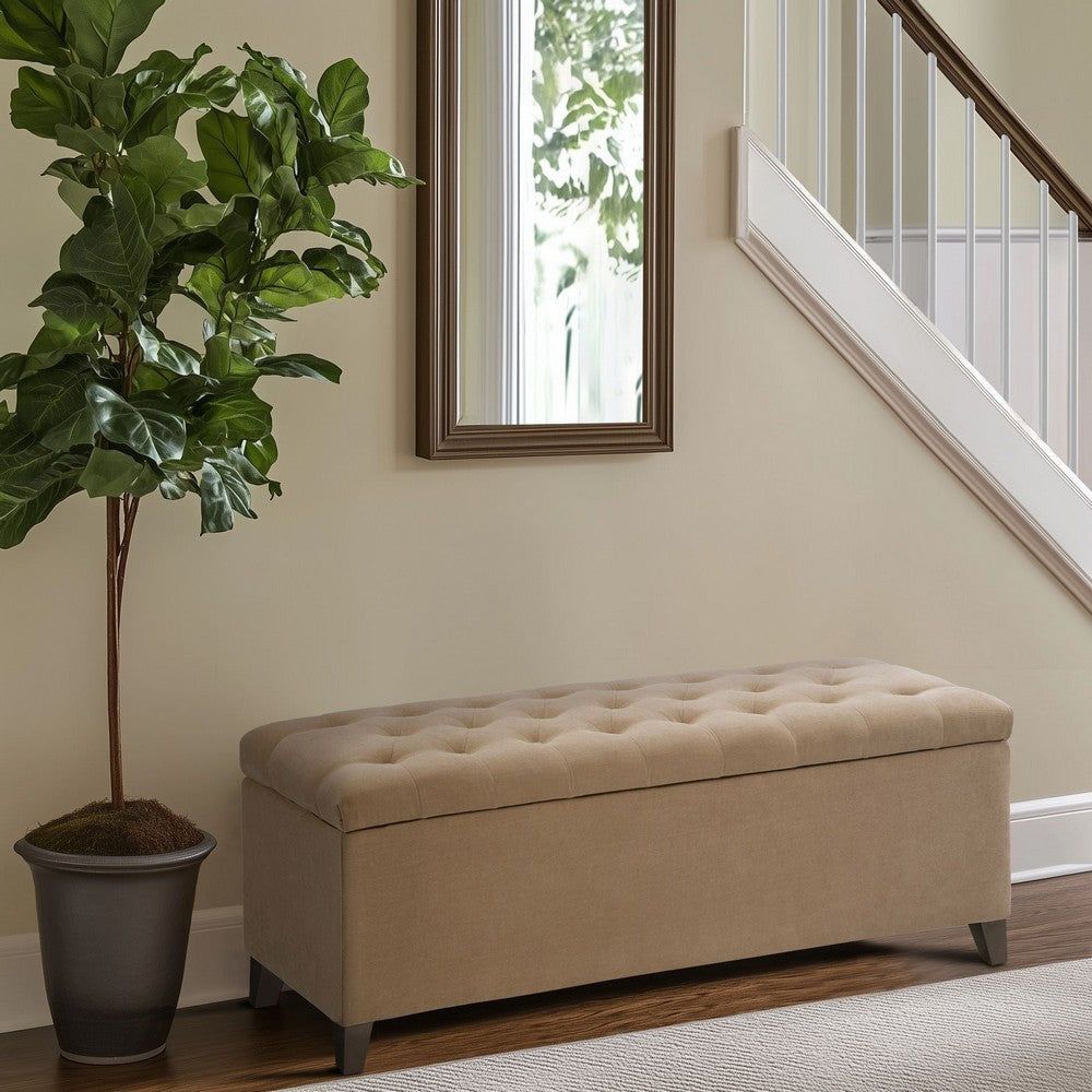 Storage Bench, 49" Button Tufted Padded Top, Sand Brown Polyester