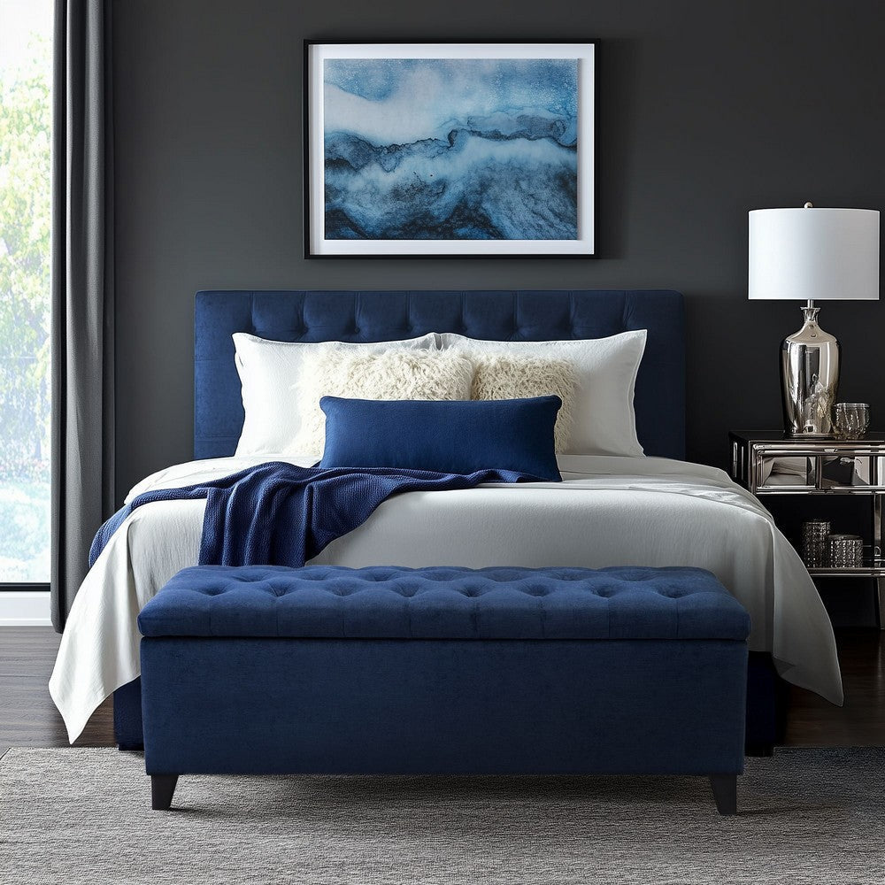Storage Bench, 49" Button Tufted Padded Top, Navy Blue Polyester