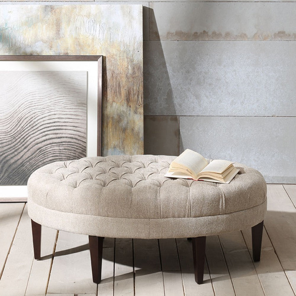 Modern Ottoman, 48" Surfboard Tufted Seat, Beige Polyester