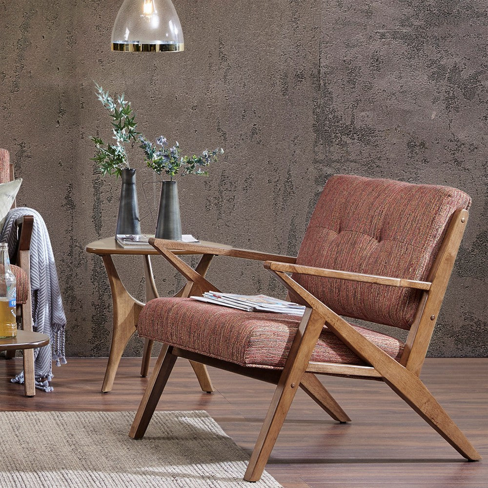Arm Chair w Tufted Back, Orange Polyester, Rubberwood Angled Frame