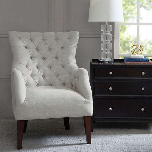 Wing Back Chair w Button Tufted Details, Ivory Polyester Blend