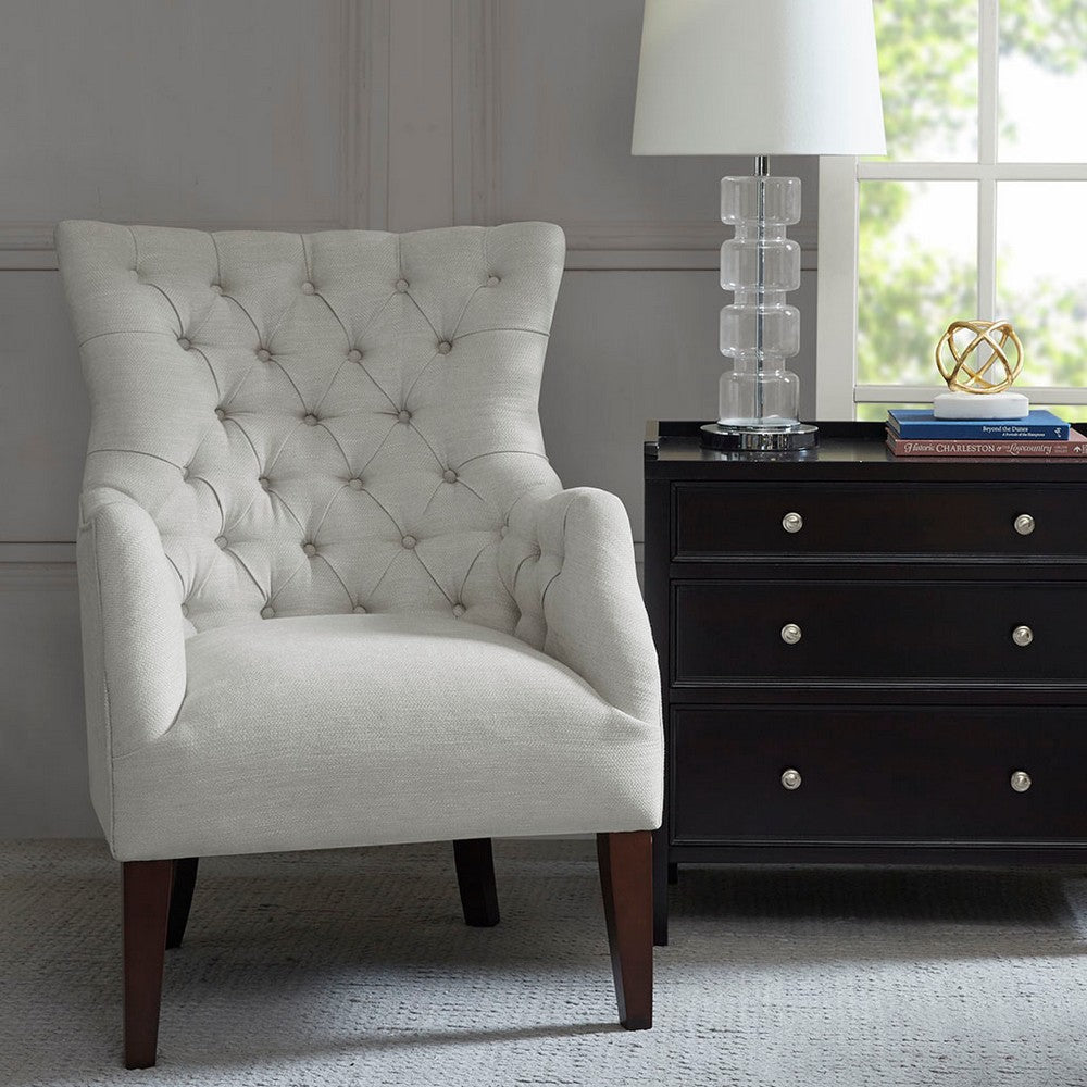 Wing Back Chair w Button Tufted Details, Ivory Polyester Blend