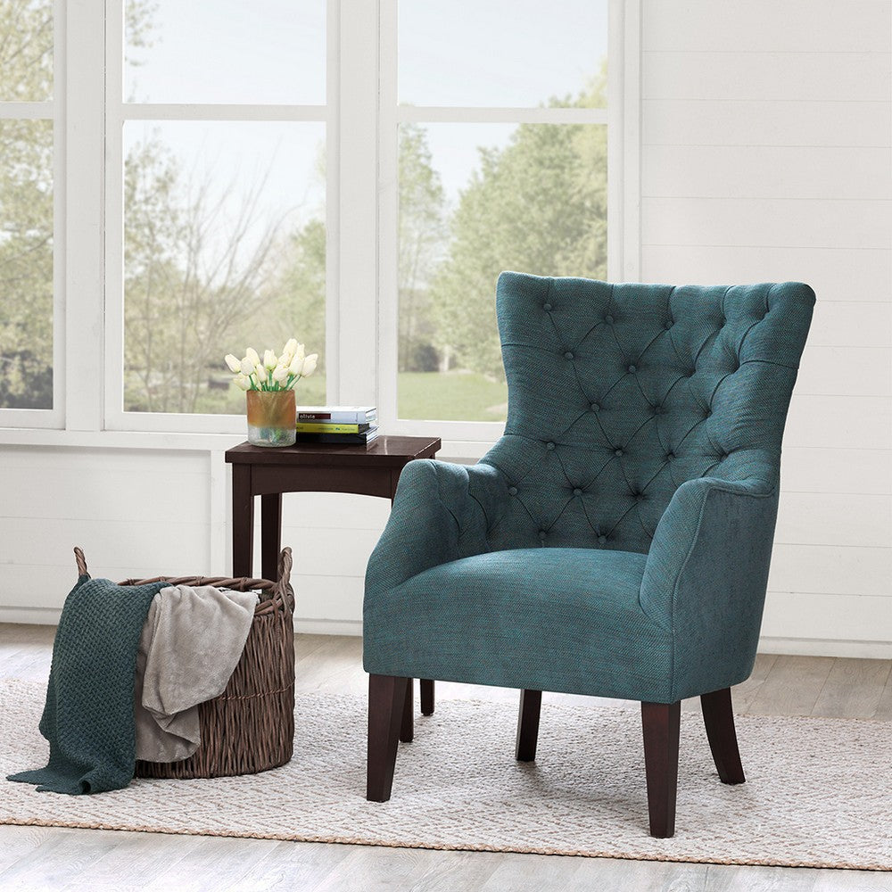 Wing Back Chair w Button Tufted Details, Teal Blue Polyester Blend
