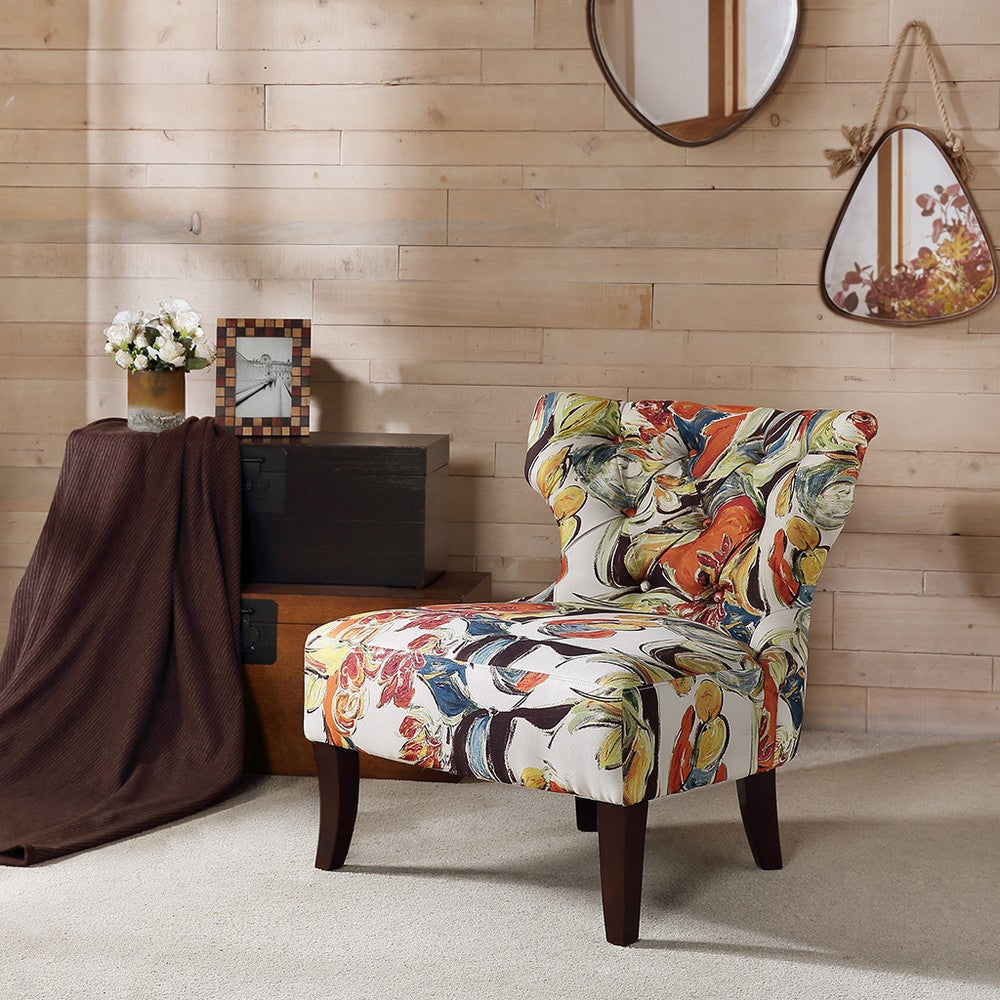Accent Chair w Button Tufted Low Back, White and Orange Polyester
