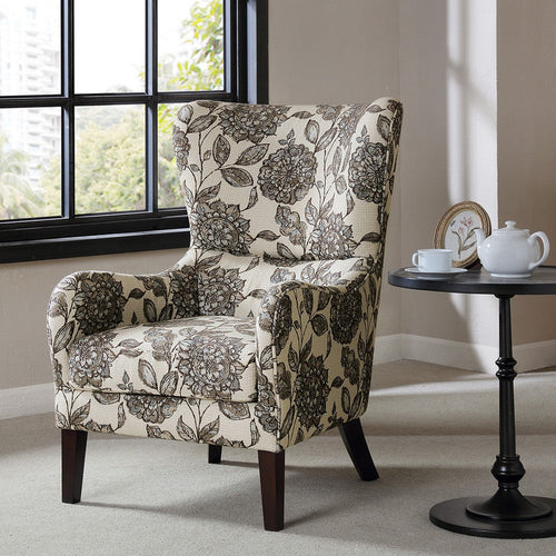 Swoop Wing Back Chair w Round Arms, Beige and Dark Gray Polyester