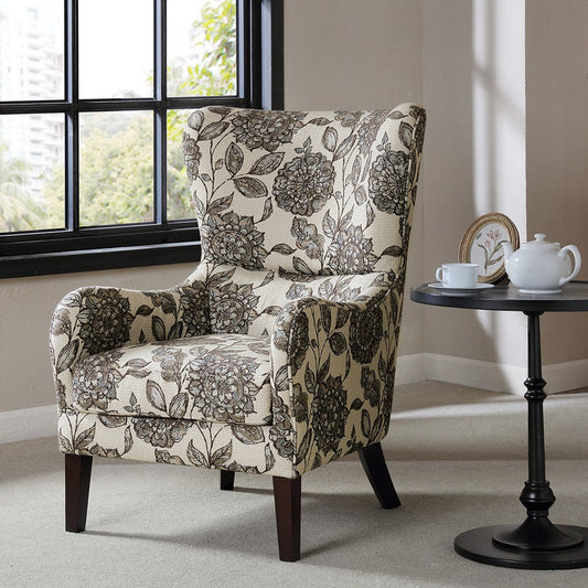 Swoop Wing Back Chair w Round Arms, Beige and Dark Gray Polyester