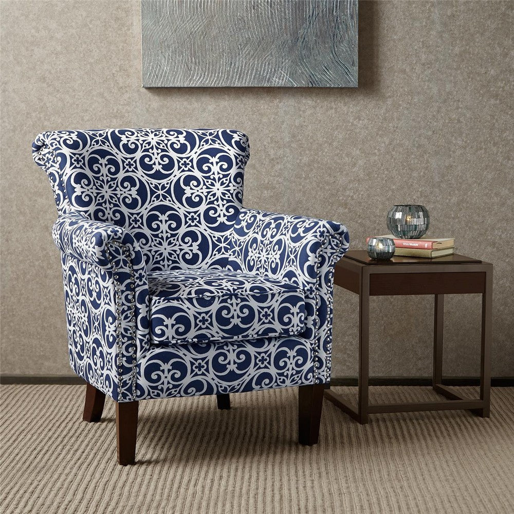 Tight Back Club Chair, Navy Blue and White Fretwork Polyester