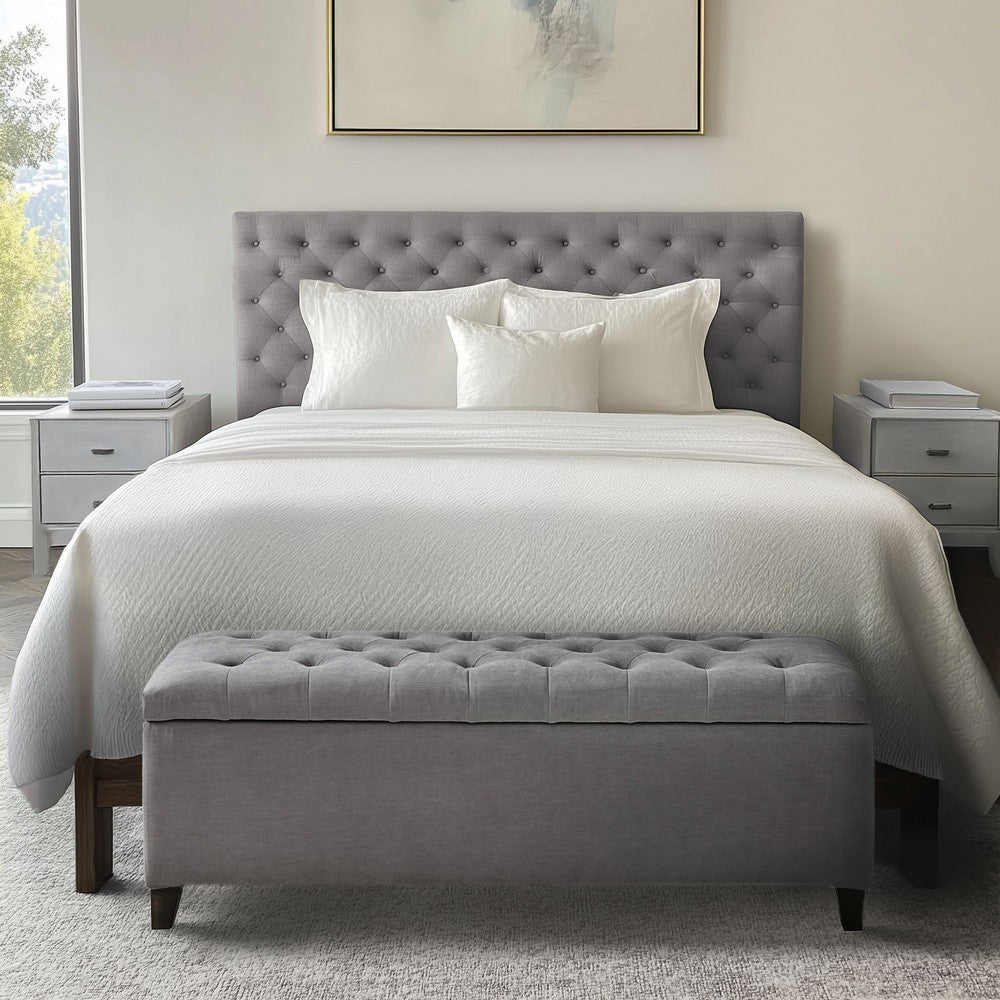 Storage Bench, 49" Button Tufted Padded Top, Gray Polyester