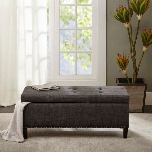 Storage Bench, 42" Button Tufted Top, Charcoal Gray Polyester