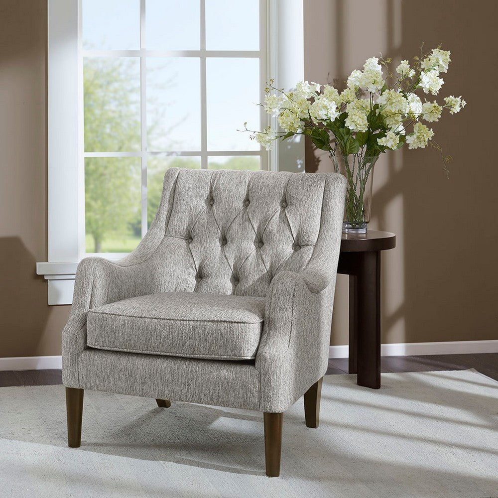 Accent Chair w Button Tufted Back, Wood Legs, Gray Polyester