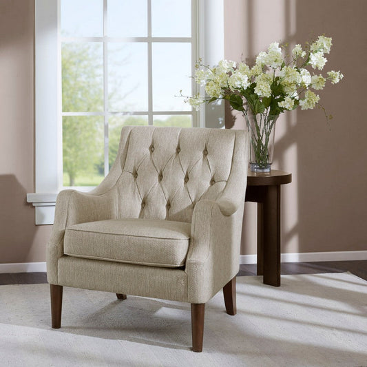 Accent Chair w Button Tufted Back, Wood Legs, Beige Polyester