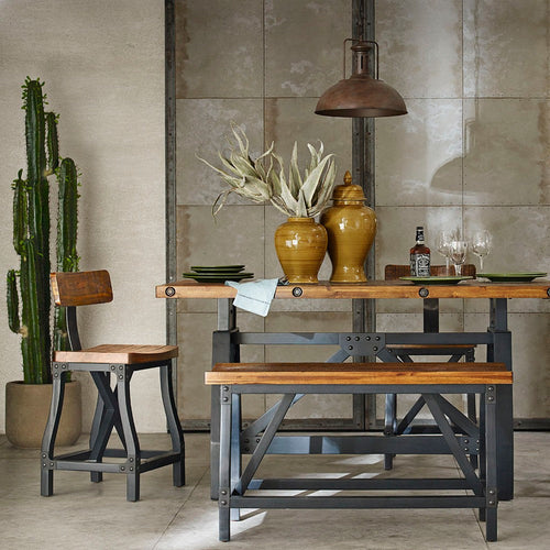 Counter Height Stool w Back, Amber Brown Acacia Wood, Black Frame