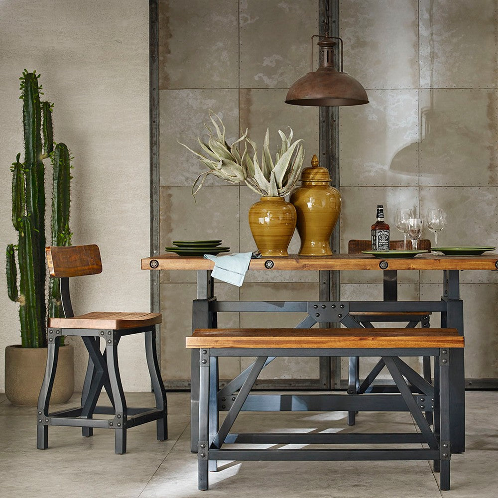 Counter Height Stool w Back, Amber Brown Acacia Wood, Black Frame