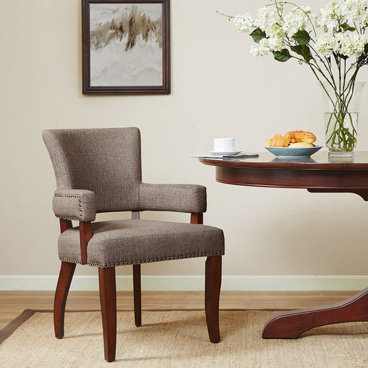 Dining Armchair, Nailhead Trim, Espresso Brown Cushion & Birch Wood