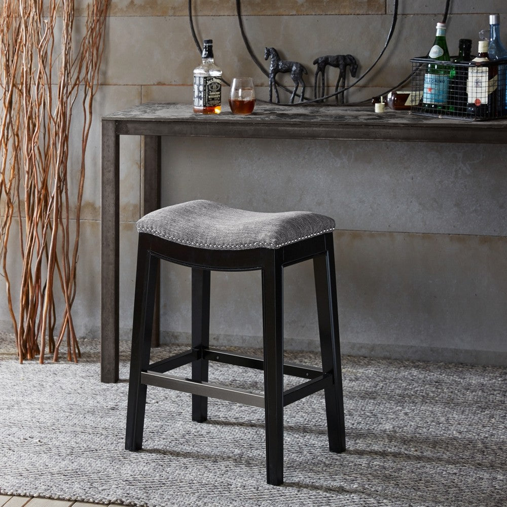 Counter Height Stool, Gray Saddle Seat, Nailhead Trim, Black Wood