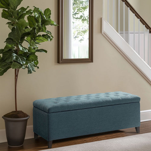 Storage Bench, 49" Button Tufted Padded Top, Blue Polyester