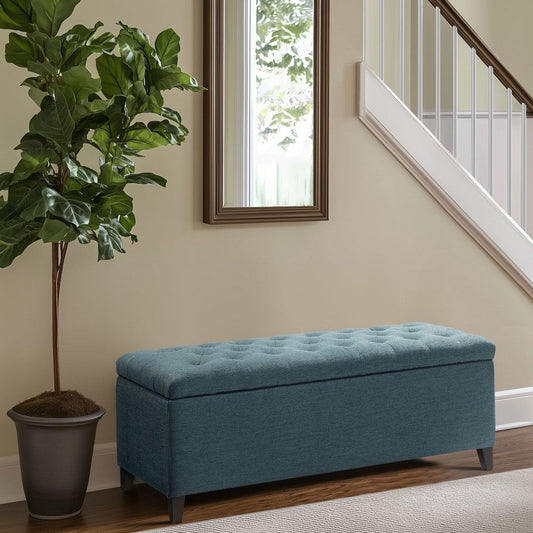 Storage Bench, 49" Button Tufted Padded Top, Blue Polyester