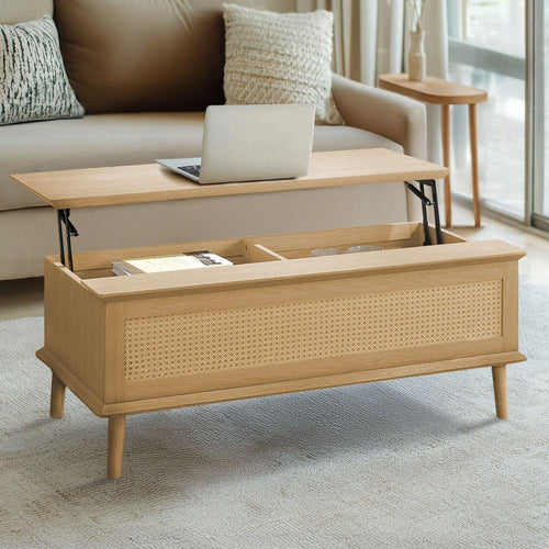 Coffee Table, 42" Lift Top w Rattan Sides, Natural Brown Wood