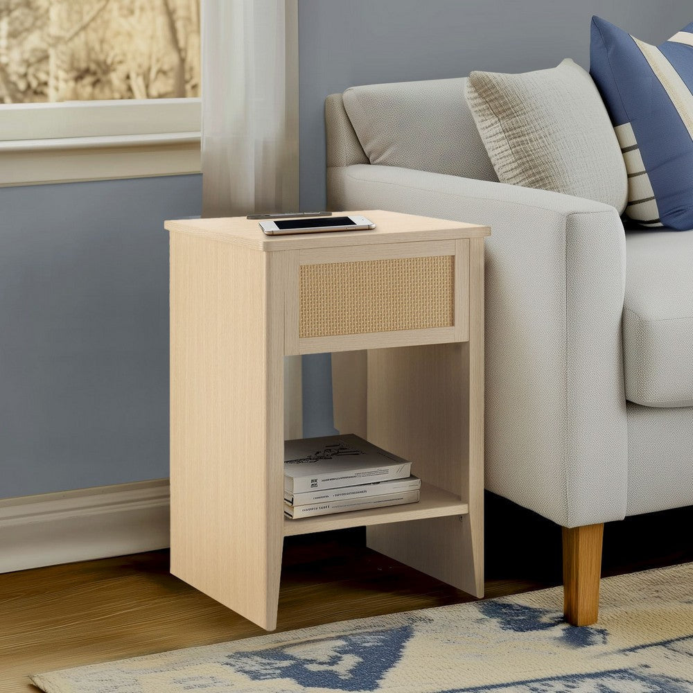 Side End Table, 16" Top w LED, 1 Rattan Front Drawer, Light Brown