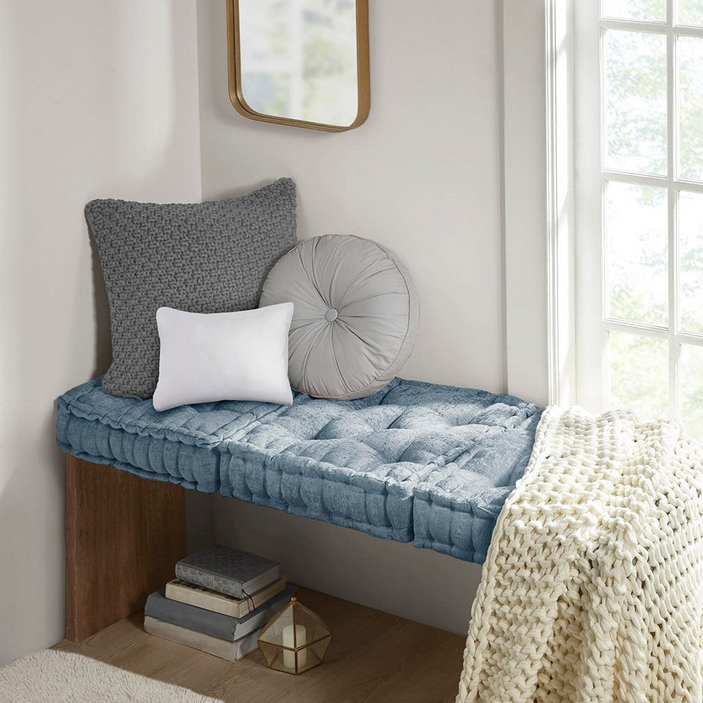 Square Floor Pillow Cushion, Scalloped, Tufted Aqua Poly Chenille
