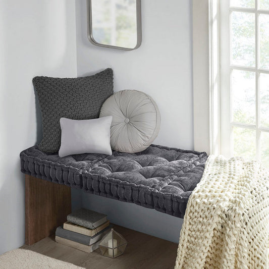 Square Floor Pillow Cushion, Scalloped Charcoal Gray Poly Chenille