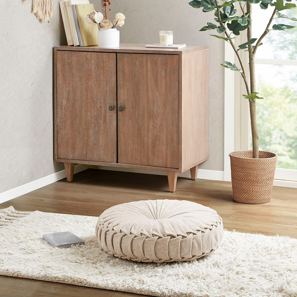 Round Floor Pillow Cushion, Tufted & Pleated Ivory Poly Chenille