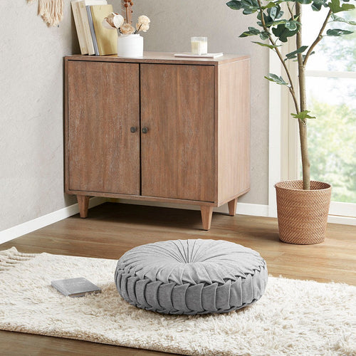 Round Floor Pillow Cushion, Tufted & Pleated Gray Poly Chenille