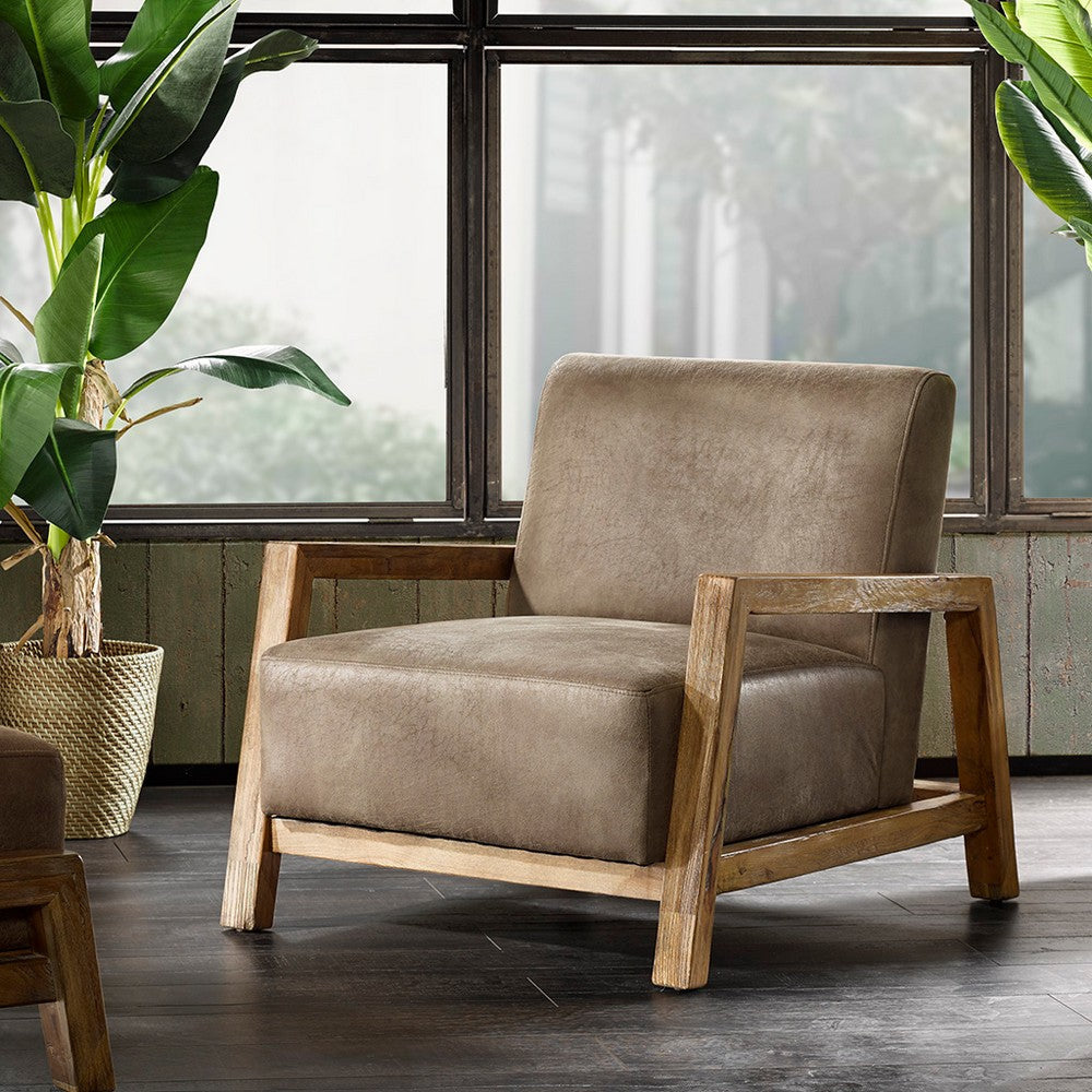 Accent Chair, Taupe Brown Polyester Seat and Back, Reclaimed Wood