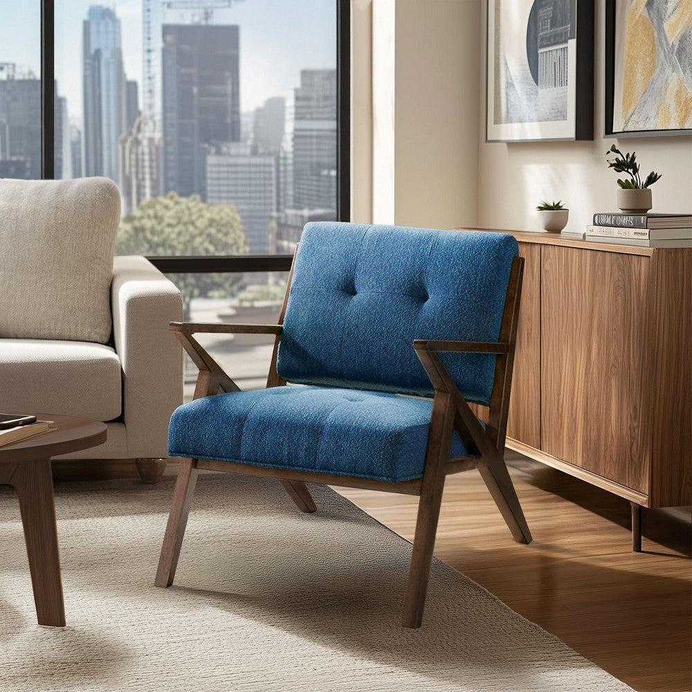 Arm Chair w Tufted Back, Blue Polyester, Rubberwood Angled Frame