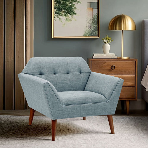 Angular Accent Chair, Hand-Tufted Blue Polyester, Pecan Brown Wood