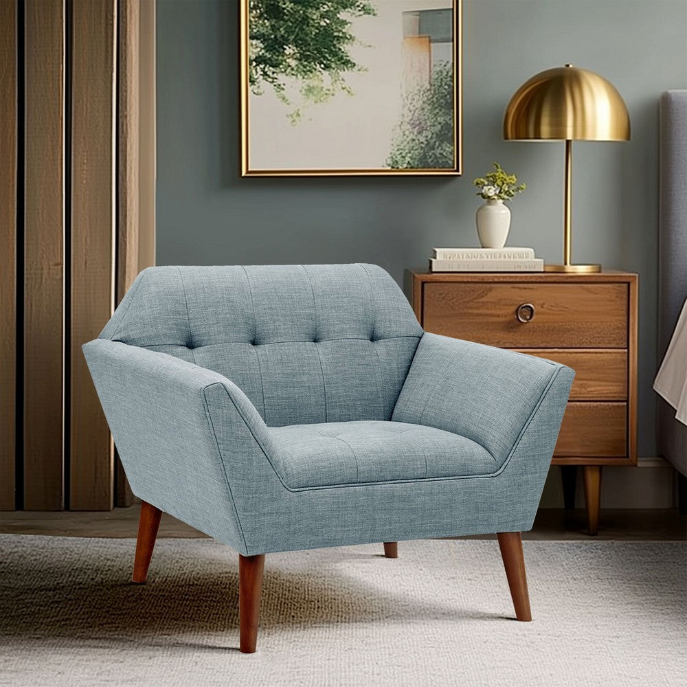 Angular Accent Chair, Hand-Tufted Blue Polyester, Pecan Brown Wood