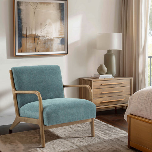Accent Chair, Curve Arms, Foam Fill Teal Polyester, Elm Brown Wood