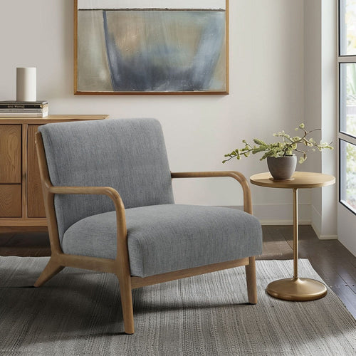Accent Chair, Curve Arms, Foam Fill Gray Polyester, Elm Brown Wood