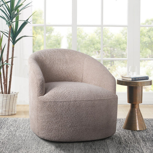Swivel Barrel Chair, Sloped Arms, Foam Fill Cushions, Beige Boucle