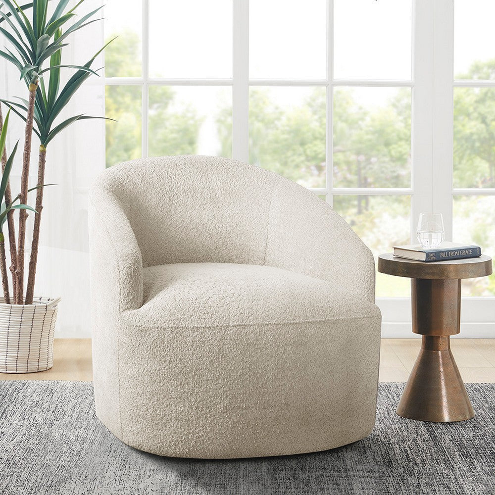 Swivel Barrel Chair, Sloped Arms, Foam Fill Cushions, Cream Boucle