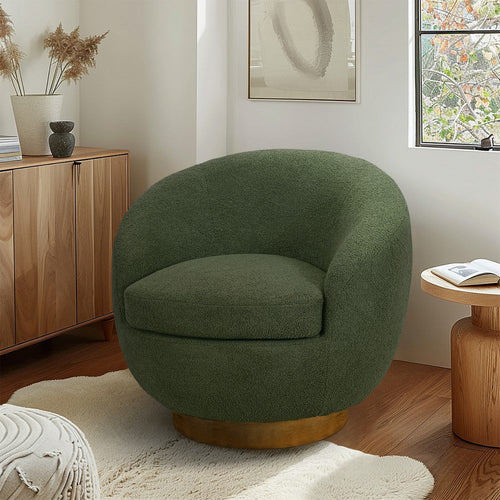 Swivel Barrel Chair with Green Shearling Sherpa, Brown Wood Base