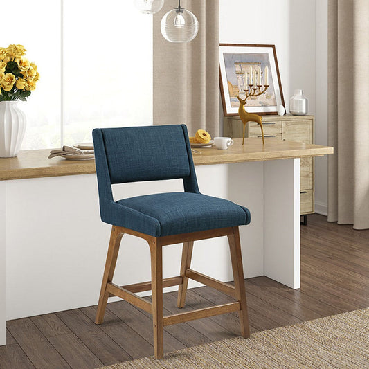 Counter Stool Chair, Foam Fill, Navy Blue Polyester, Pecan Brown