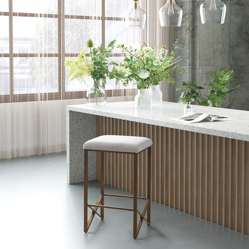 Counter Stool, Ivory Polypropylene Jacquard, Bronze Metal X Legs