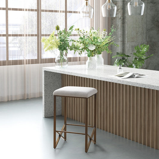 Counter Stool, Ivory Polypropylene Jacquard, Bronze Metal X Legs