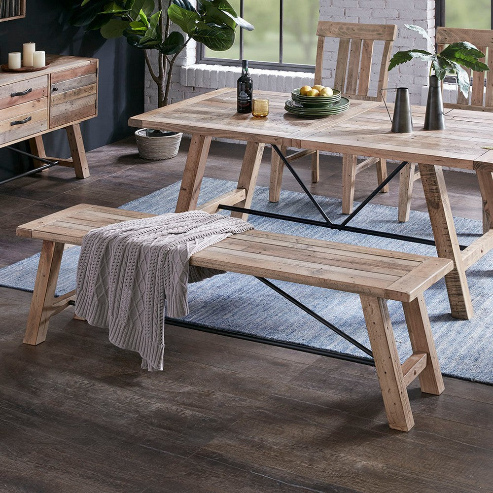 Dining Bench, 66" Solid Pine Wood Seat w Legs, Black Metal Support