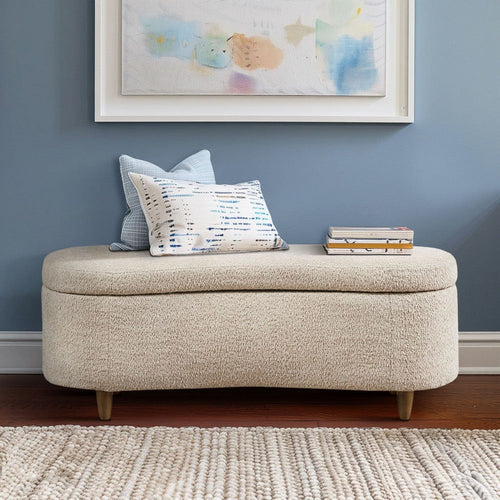 Curved Storage Bench, Taupe Boucle-Style Upholstery, 48" Elm Brown
