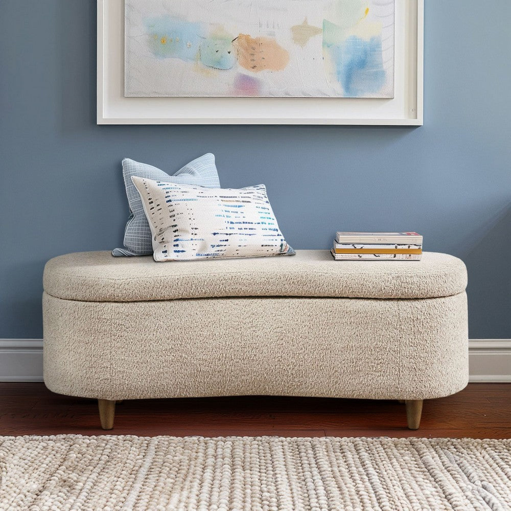 Curved Storage Bench, Taupe Boucle-Style Upholstery, 48" Elm Brown