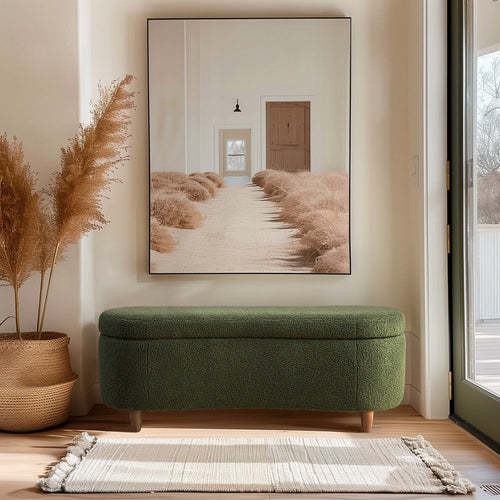 Curved Storage Bench, Green Boucle-Style Upholstery, 48" Elm Brown