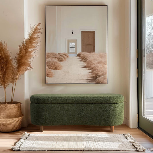 Curved Storage Bench, Green Boucle-Style Upholstery, 48" Elm Brown
