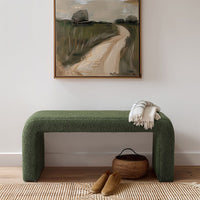 Waterfall Bench w Rounded Corners, Foam Cushion, Green Boucle, 42"