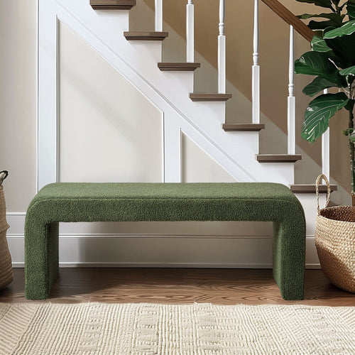 Waterfall Bench w Rounded Corners, Foam Cushion, Green Boucle, 52"