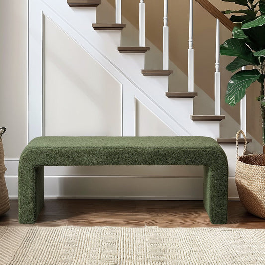 Waterfall Bench w Rounded Corners, Foam Cushion, Green Boucle, 52"